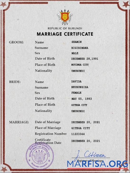 Printable Burundi marriage certificate PSD template
